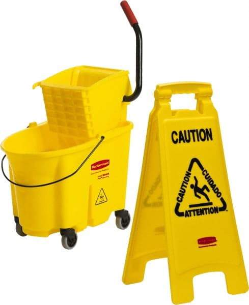 Rubbermaid - 35 Qt Plastic Bucket & Wringer - 20.1" Long x 17.4" High x 15.7" Wide, Yellow - Apex Tool & Supply