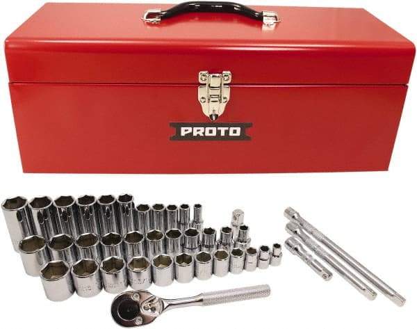 Proto - 39 Piece 3/8" & 1/2" Drive Chrome Finish Deep Well Socket Set - 6 Points, 5/16" to 1" Range, Inch Measurement Standard - Apex Tool & Supply