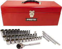 Proto - 39 Piece 3/8" & 1/2" Drive Chrome Finish Deep Well Socket Set - 6 Points, 5/16" to 1" Range, Inch Measurement Standard - Apex Tool & Supply