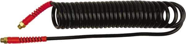 PRO-SOURCE - 1/4" ID, 1/4 Thread, 15' Long, Black Polyurethane Coiled & Self Storing Hose - 145 Max psi, Male Swivel x Male Swivel - Apex Tool & Supply