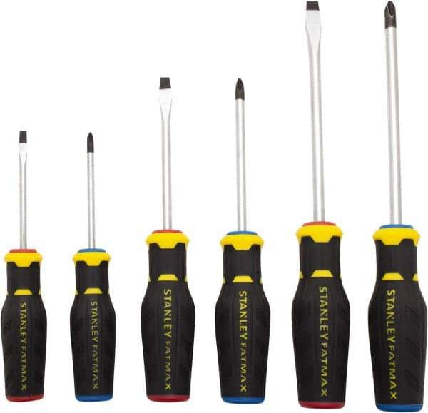 Stanley - 6 Piece Slotted & Phillips Screwdriver Set - Ergonomic & Bi-material Handle, Blade Sizes: Length 3 to 6, Width 3/16, 1/4 & 5/16, Bit Sizes: Philips #1 to #3 - Apex Tool & Supply