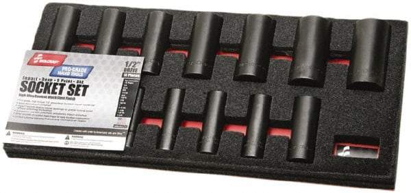 Ability One - 13 Piece 1/2" Drive Deep Well Impact Socket Set - 6 Points, 1/8" to 1-1/4" Range, Inch Measurement Standard - Apex Tool & Supply