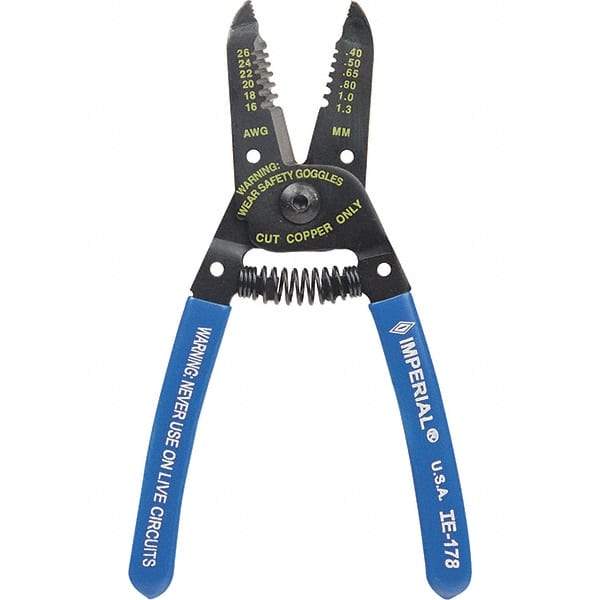 Imperial - 16 to 26 AWG Capacity Wire Stripper/Cutter - 6" OAL, Hardened Steel with Cushion Grip Handle - Apex Tool & Supply