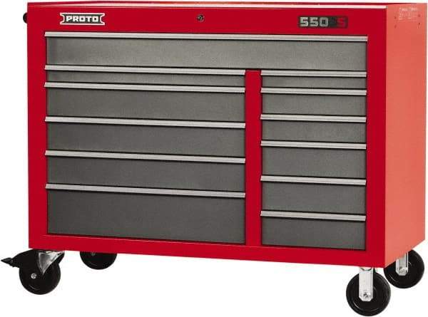 Proto - 23,419 Lb Capacity, 12 Drawer Mobile Workstation - 50" Wide x 25-1/4" Deep x 41" High, Steel, Safety Red & Gray - Apex Tool & Supply