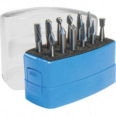 Made in USA - 8 Piece, 1/4" Shank Burr Set - Solid Carbide, Multiple Head Shapes - Apex Tool & Supply