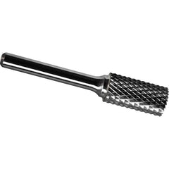 Made in USA - 3/4" Cut Diam, 1/4" Shank Diam, Cylinder with End Cut Head Diamond Cut Burr - Carbide, 1" LOC, 2-3/4" OAL - Apex Tool & Supply