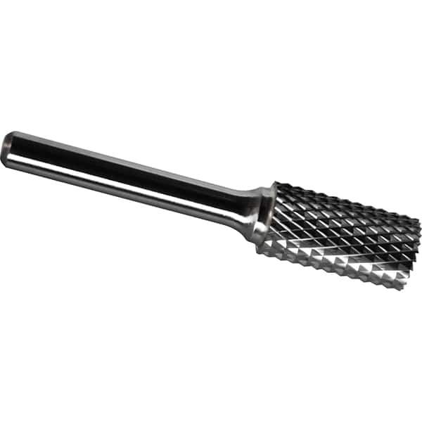 Made in USA - 7/16" Cut Diam, 1/4" Shank Diam, Cylinder with End Cut Head Diamond Cut Burr - Carbide, 1" LOC, 2-3/4" OAL - Apex Tool & Supply