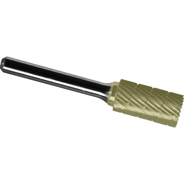 Made in USA - 1" Cut Diam, 1/4" Shank Diam, Cylinder with End Cut Head Chipbreaker Cut Burr - Carbide, 1" LOC, 2-3/4" OAL - Apex Tool & Supply