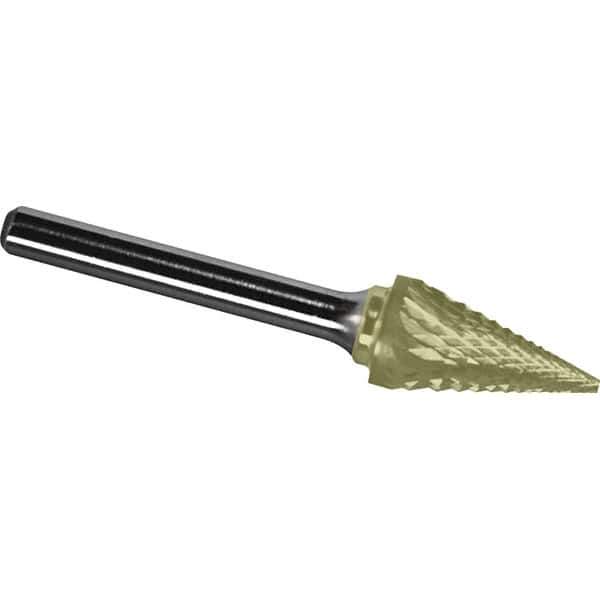 Made in USA - 1/4" Cut Diam, 1/4" Shank Diam, Cone Head Diamond Cut Burr - Carbide, 3/4" LOC, 2" OAL - Apex Tool & Supply