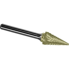 Made in USA - 3/8" Cut Diam, 1/4" Shank Diam, Cone Head Diamond Cut Burr - Carbide, 5/8" LOC, 2-1/2" OAL - Apex Tool & Supply