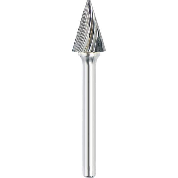 Made in USA - 5/8" Cut Diam, 1/4" Shank Diam, Cone Head Single Cut Burr - Carbide, 1" LOC, 2-3/4" OAL - Apex Tool & Supply