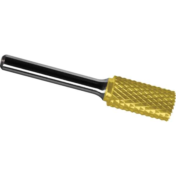 Made in USA - 7/16" Cut Diam, 1/4" Shank Diam, Cylinder with End Cut Head Diamond Cut Burr - Carbide, 1" LOC, 2-3/4" OAL - Apex Tool & Supply