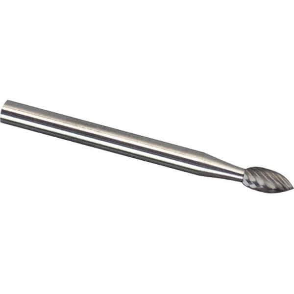 Made in USA - 3mm Cut Diam, 0.1181" Shank Diam, Flame Head Diamond Cut Burr - Carbide, 6.3mm LOC, 75mm OAL - Apex Tool & Supply