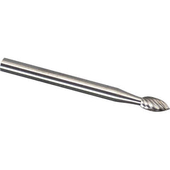 Made in USA - 1/8" Cut Diam, 1/8" Shank Diam, Flame Head Double Cut Burr - Carbide, Radius End, 1/4" LOC, 1-1/2" OAL - Apex Tool & Supply