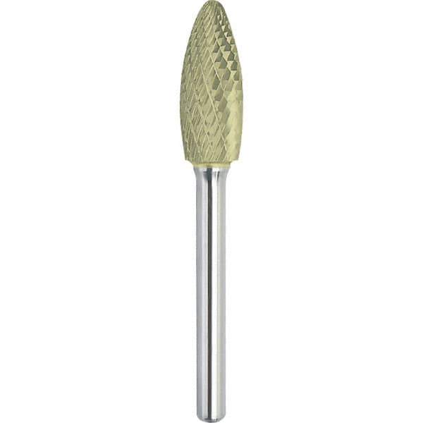 Made in USA - 3/4" Cut Diam, 1/4" Shank Diam, Flame Head Double Cut Burr - Carbide, 1-5/8" LOC, 3-3/8" OAL - Apex Tool & Supply