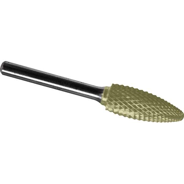 Made in USA - 1/2" Cut Diam, 1/4" Shank Diam, Flame Head Diamond Cut Burr - Carbide, 1-1/4" LOC, 3" OAL - Apex Tool & Supply