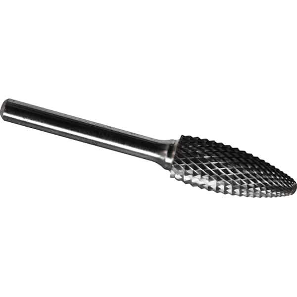 Made in USA - 1/2" Cut Diam, 0.2362" Shank Diam, Flame Head Diamond Cut Burr - Carbide, 32mm LOC, 77mm OAL - Apex Tool & Supply
