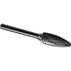 Made in USA - 8mm Cut Diam, 0.2362" Shank Diam, Flame Head Diamond Cut Burr - Carbide, 19mm LOC, 64mm OAL - Apex Tool & Supply