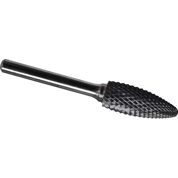 Made in USA - 5/8" Cut Diam, 1/4" Shank Diam, Flame Head Diamond Cut Burr - Carbide, 1-7/16" LOC, 3-3/16" OAL - Apex Tool & Supply