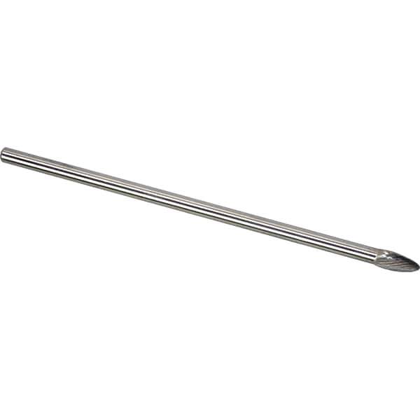 Made in USA - 1/2" Cut Diam, 1/4" Shank Diam, Flame Head Single Cut Burr - Carbide, 1-1/4" LOC, 7-1/4" OAL - Apex Tool & Supply