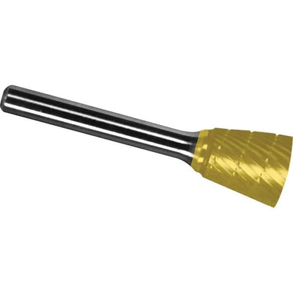 Made in USA - 1/2" Cut Diam, 1/4" Shank Diam, Inverted Cone Head Chipbreaker Cut Burr - Carbide, 1/2" LOC, 2-1/4" OAL - Apex Tool & Supply