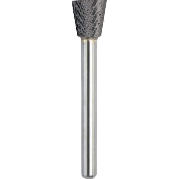 Made in USA - 1/2" Cut Diam, 0.2362" Shank Diam, Inverted Cone Head Double Cut Burr - Carbide, 12.7mm LOC, 57.7mm OAL - Apex Tool & Supply