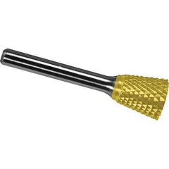 Made in USA - 9.5mm Cut Diam, 0.2362" Shank Diam, Inverted Cone Head Diamond Cut Burr - Carbide, 9.5mm LOC, 54.5mm OAL - Apex Tool & Supply