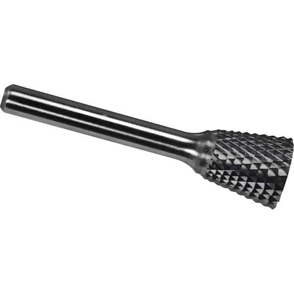 Made in USA - 9.5mm Cut Diam, 0.2362" Shank Diam, Inverted Cone Head Diamond Cut Burr - Carbide, 9.5mm LOC, 54.5mm OAL - Apex Tool & Supply