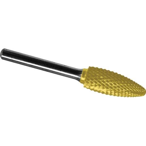 Made in USA - 8mm Cut Diam, 0.2362" Shank Diam, Flame Head Diamond Cut Burr - Carbide, 19mm LOC, 64mm OAL - Apex Tool & Supply