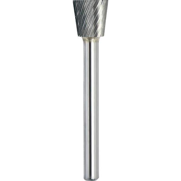 Made in USA - 1/2" Cut Diam, 1/4" Shank Diam, Inverted Cone Head Single Cut Burr - Carbide, 1/2" LOC, 2-1/4" OAL - Apex Tool & Supply