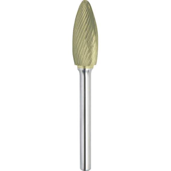 Made in USA - 5/8" Cut Diam, 1/4" Shank Diam, Flame Head Single Cut Burr - Carbide, 1-7/16" LOC, 3-3/16" OAL - Apex Tool & Supply
