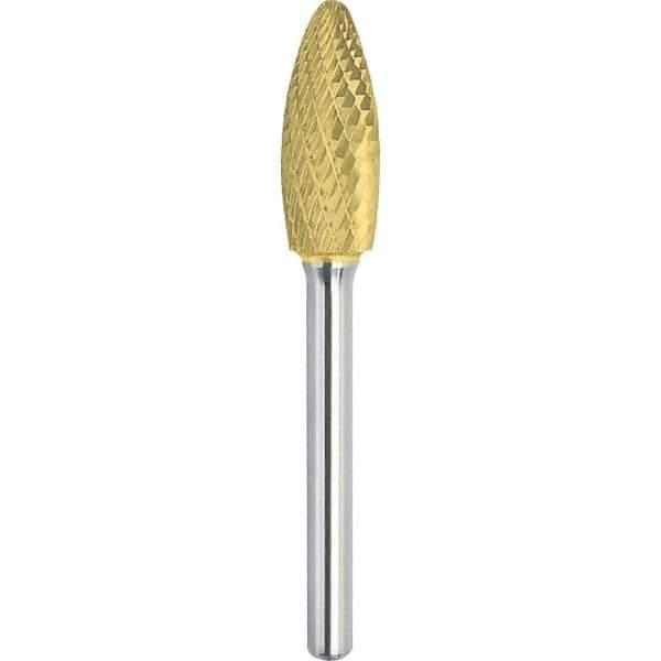 Made in USA - 1/4" Cut Diam, 1/4" Shank Diam, Flame Head Double Cut Burr - Carbide, 1/2" LOC, 2" OAL - Apex Tool & Supply