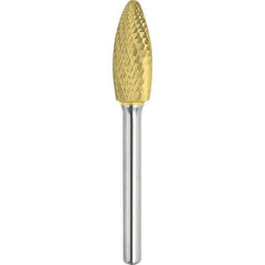 Made in USA - 1/4" Cut Diam, 1/4" Shank Diam, Flame Head Double Cut Burr - Carbide, 1/2" LOC, 2" OAL - Apex Tool & Supply