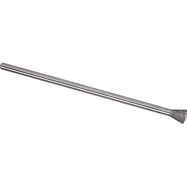 Made in USA - 1/2" Cut Diam, 1/4" Shank Diam, Inverted Cone Head Double Cut Burr - Carbide, 1/2" LOC, 6-1/2" OAL - Apex Tool & Supply