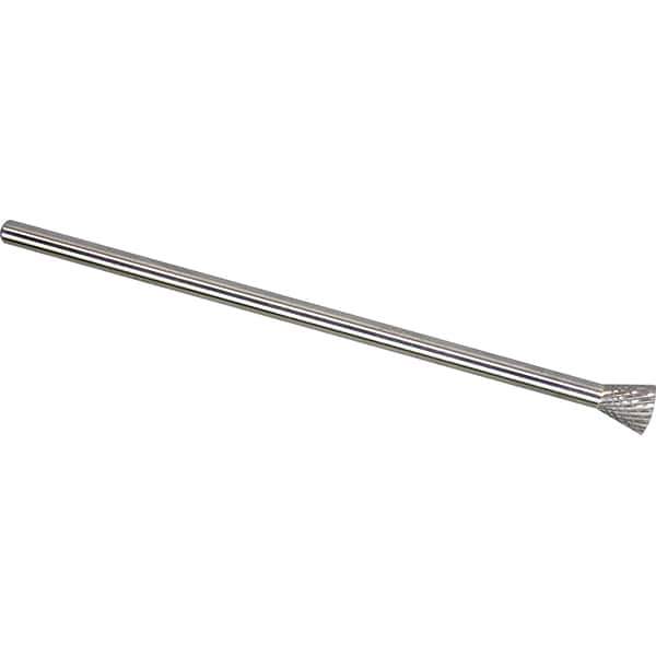 Made in USA - 1/2" Cut Diam, 1/4" Shank Diam, Inverted Cone Head Double Cut Burr - Carbide, 1/2" LOC, 6-1/2" OAL - Apex Tool & Supply