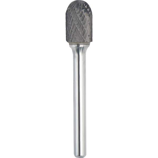 Made in USA - 3/4" Cut Diam, 1/4" Shank Diam, Cylinder with Radius Head Double Cut Burr - Carbide, 1" LOC, 2-3/4" OAL - Apex Tool & Supply