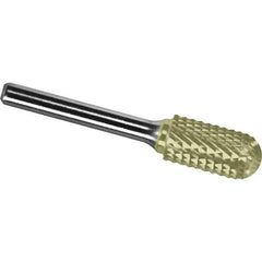 Made in USA - 3/8" Cut Diam, 1/4" Shank Diam, Cylinder with Radius Head Diamond Cut Burr - Carbide, 1-1/2" LOC, 3-1/4" OAL - Apex Tool & Supply