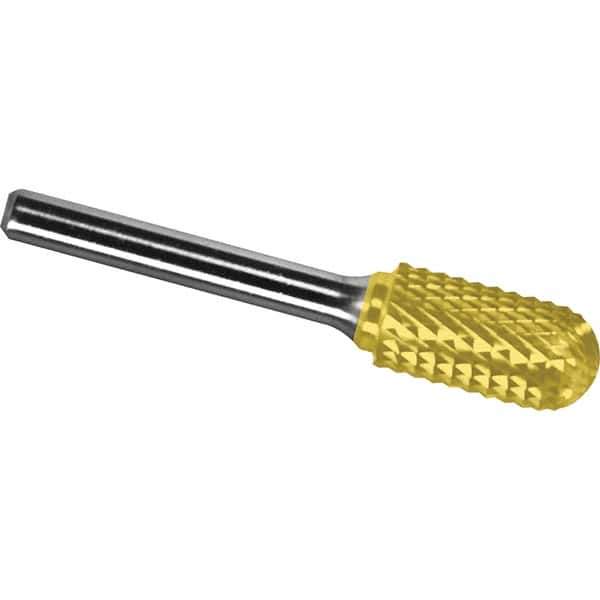 Made in USA - 8mm Cut Diam, 0.2362" Shank Diam, Cylinder with Radius Head Diamond Cut Burr - Carbide, 19mm LOC, 64mm OAL - Apex Tool & Supply