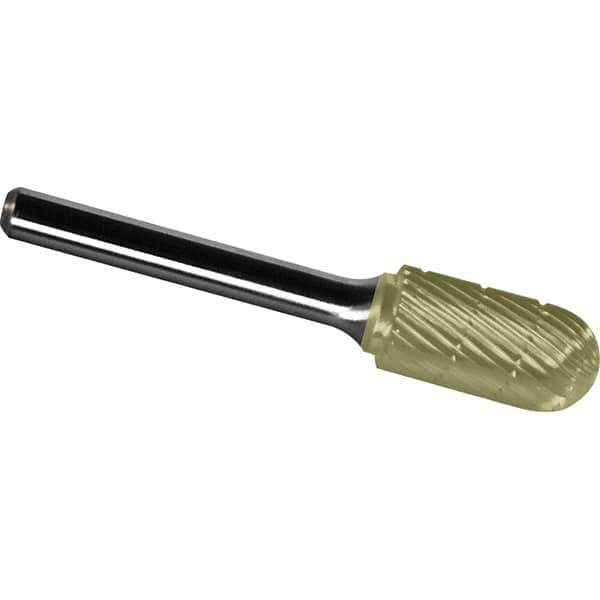 Made in USA - 7/16" Cut Diam, 1/4" Shank Diam, Cylinder with Radius Head Chipbreaker Cut Burr - Carbide, 1" LOC, 2-3/4" OAL - Apex Tool & Supply
