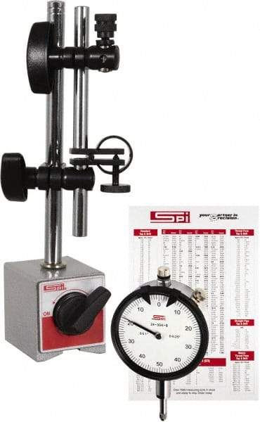 SPI - 0.001" Graduation, Dial Indicator & Base Kit - 2-1/4" Base Length x 2" Base Width x 2-1/8" Base Height - Apex Tool & Supply