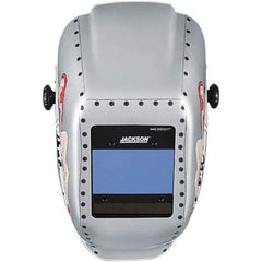 Jackson Safety - 2.36" Window Width x 3.93" Window Height, 9 to 13 Shade Auto-Darkening Lens, Fixed Front Welding Helmet - Graphics on Helmet Arc Angel Design, Thermoplastic Green Lens - Apex Tool & Supply