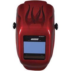 Jackson Safety - 2.36" Window Width x 3.93" Window Height, 9 to 13 Shade Auto-Darkening Lens, Fixed Front Welding Helmet - Red Flames Design, Thermoplastic Green Lens - Apex Tool & Supply