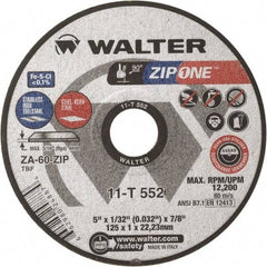 WALTER Surface Technologies - 5" Zirconia Alumina Cutoff Wheel - 1/32" Thick, 7/8" Arbor, 12,200 Max RPM, Use with Angle Grinders - Apex Tool & Supply