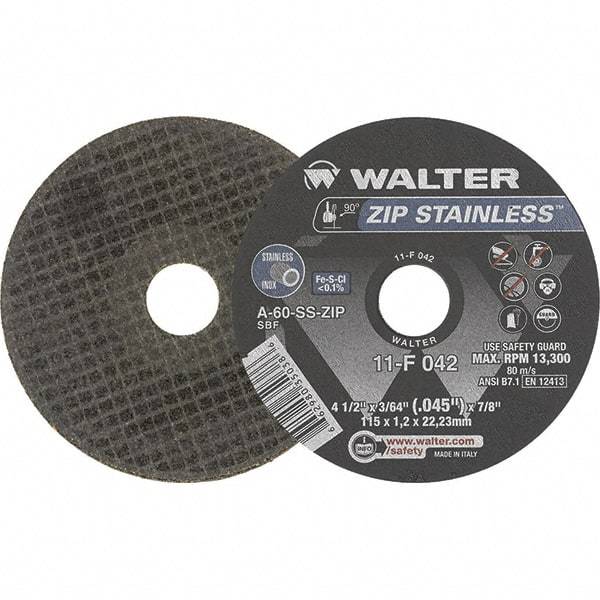 WALTER Surface Technologies - 4-1/2" Aluminum Oxide Cutoff Wheel - 0.045" Thick, 7/8" Arbor, 13,300 Max RPM, Use with Angle Grinders - Apex Tool & Supply