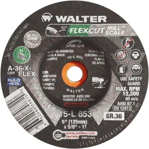 WALTER Surface Technologies - 36 Grit, 7" Wheel Diam, 3/16" Wheel Thickness, 7/8" Arbor Hole, Type 29 Depressed Center Wheel - Aluminum Oxide, 8,600 Max RPM - Apex Tool & Supply