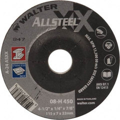 WALTER Surface Technologies - 24 Grit, 4-1/2" Wheel Diam, 1/4" Wheel Thickness, 7/8" Arbor Hole, Type 27 Depressed Center Wheel - Aluminum Oxide, 13,300 Max RPM - Apex Tool & Supply