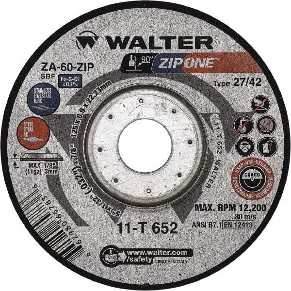 WALTER Surface Technologies - 60 Grit, 5" Wheel Diam, 1/32" Wheel Thickness, 7/8" Arbor Hole, Type 27 Depressed Center Wheel - Zirconia Alumina, Resinoid Bond, 12,200 Max RPM - Apex Tool & Supply