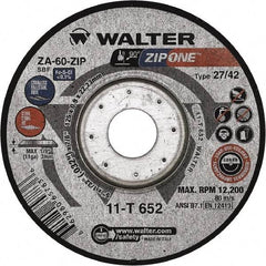 WALTER Surface Technologies - 60 Grit, 5" Wheel Diam, 1/32" Wheel Thickness, 7/8" Arbor Hole, Type 27 Depressed Center Wheel - Zirconia Alumina, Resinoid Bond, 12,200 Max RPM - Apex Tool & Supply