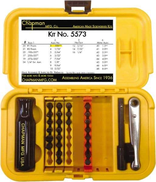 Chapman - 29 Piece, 1/4" Drive Screwdriver Bit Set - #1 & #2 Phillips, 0.05 to 1/4" Hex - Apex Tool & Supply