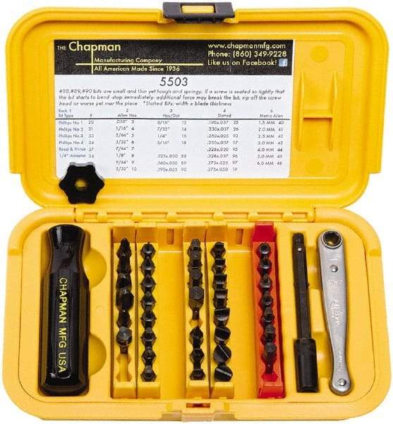 Chapman - 40 Piece, 1/4" Drive Screwdriver Bit Set - #1 to #4 Phillips, 0.05 to 5/16" Hex - Apex Tool & Supply